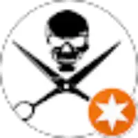 A black skull above crossed scissors on a white background, with an orange circle featuring a white star in the lower right corner.