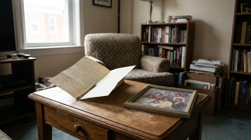 handwritten letter and framed family photo on wooden desk in residential room
