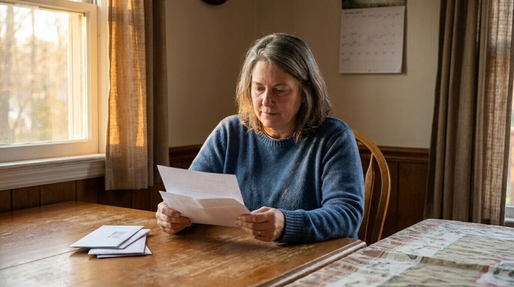 middle-aged woman seated at wooden table reading documents and opened envelopes