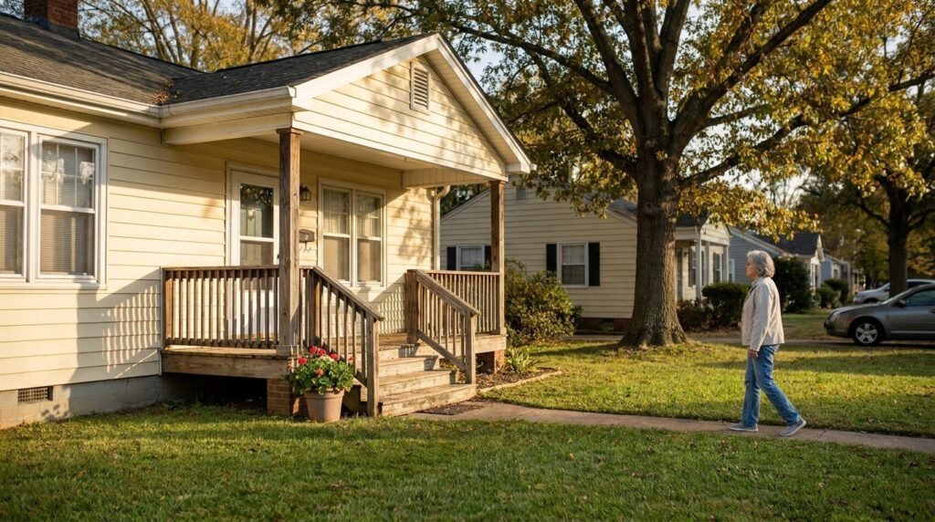 older woman walking on sidewalk past single-story residential home with front porch