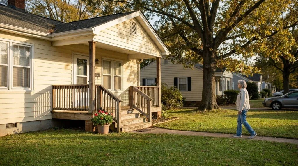 older woman walking on sidewalk past single-story residential home with front porch