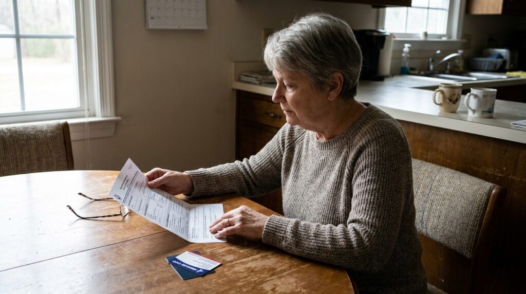 older woman seated at kitchen table reviewing printed Medicare document