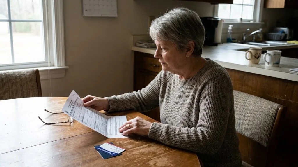 older woman seated at kitchen table reviewing printed Medicare document