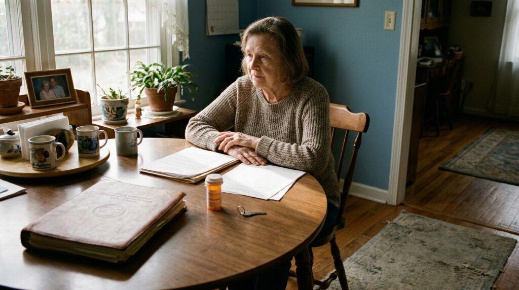 elderly woman seated at dining table with documents and prescription pill bottle