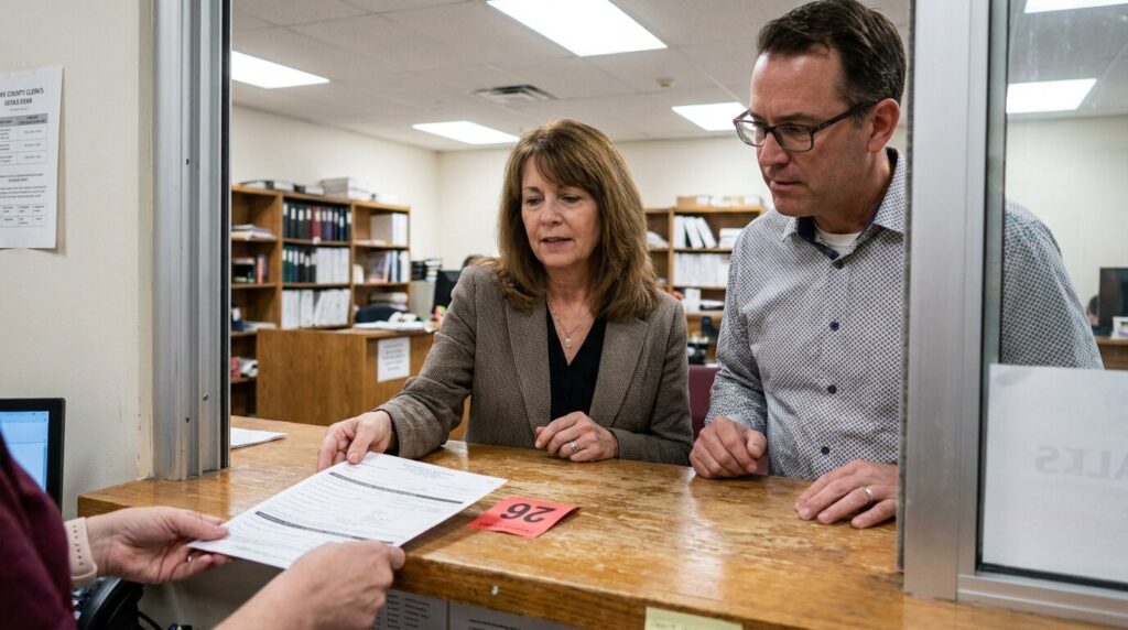 couple receiving document at county clerk's office service counter