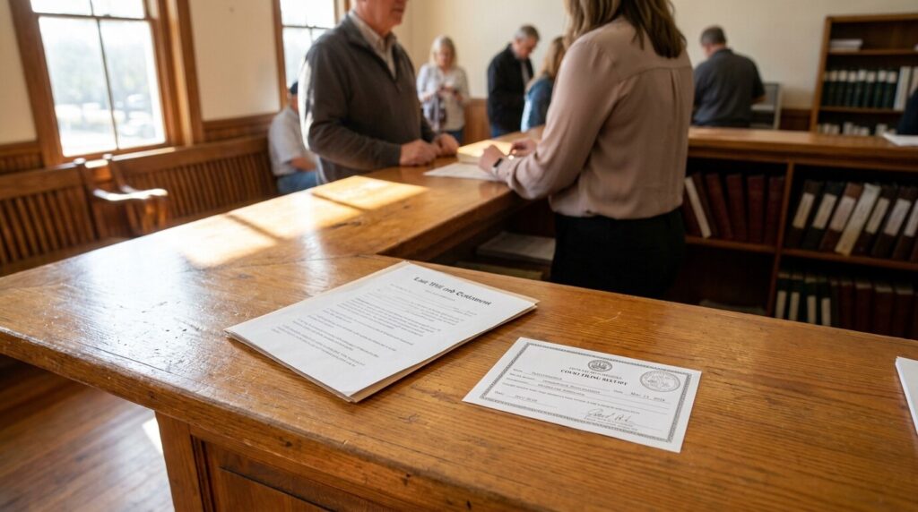 Last Will and Testament document and court filing receipt on probate courthouse counter