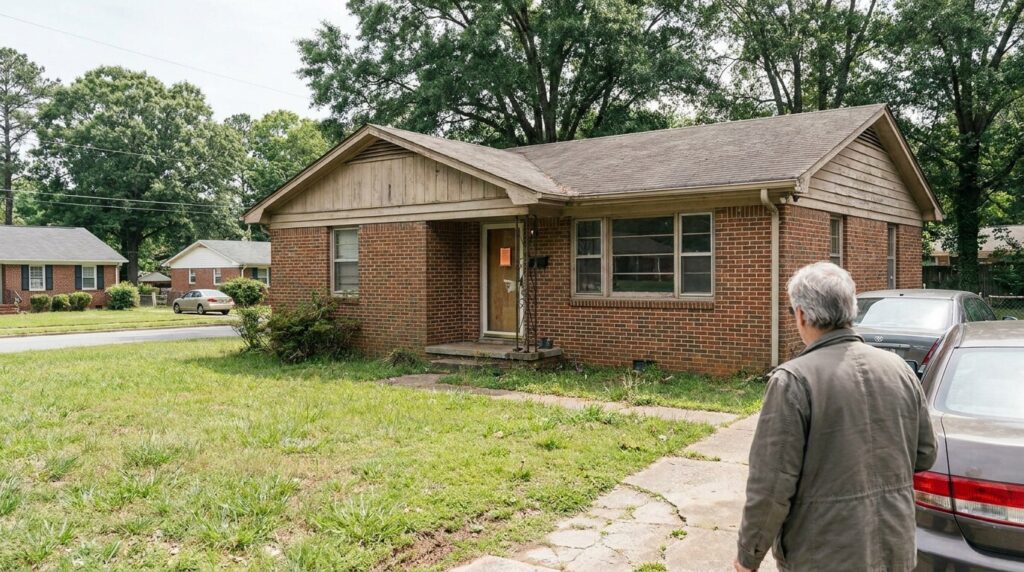 person standing outside neglected brick house with notice posted on door