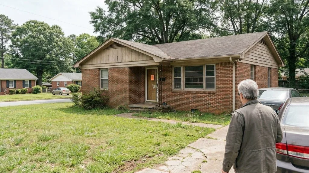 person standing outside neglected brick house with notice posted on door