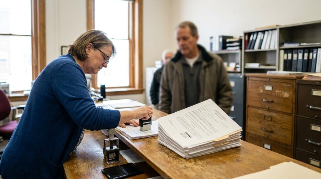 clerk stamping legal documents at courthouse counter while client stands nearby