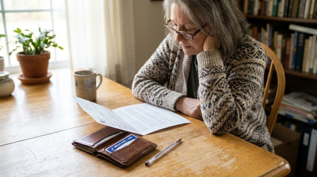 older woman reviewing documents at table with Medicare card and wallet visible