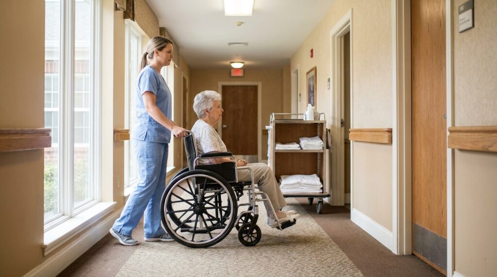 nurse in scrubs pushing elderly woman in wheelchair through nursing home hallway
