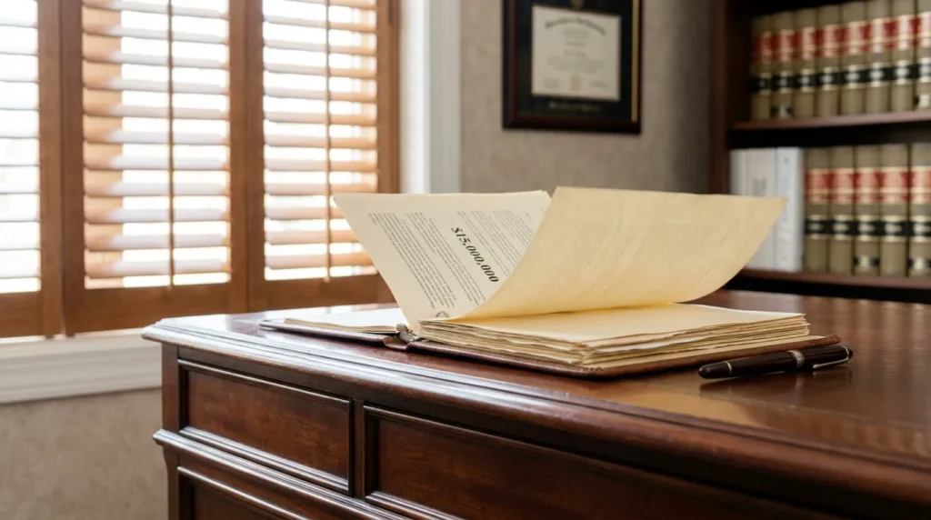 open legal case file displaying $15,000,000 on attorney's wooden desk with law books