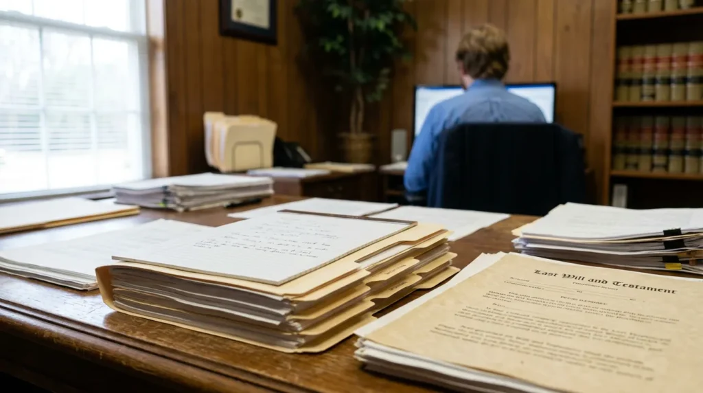 Last Will and Testament document on desk with attorney working at computer