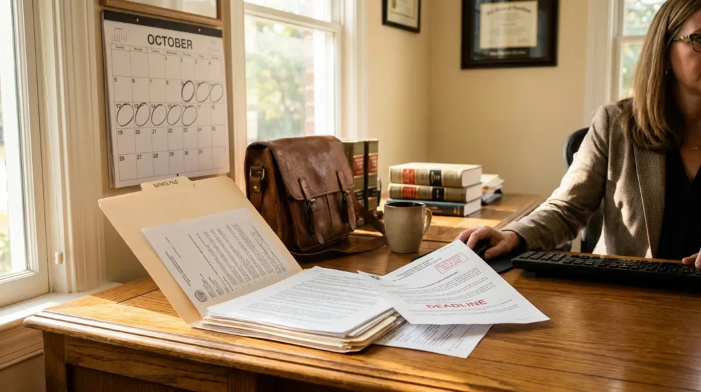 attorney at desk reviewing estate file folder with deadline-stamped legal documents