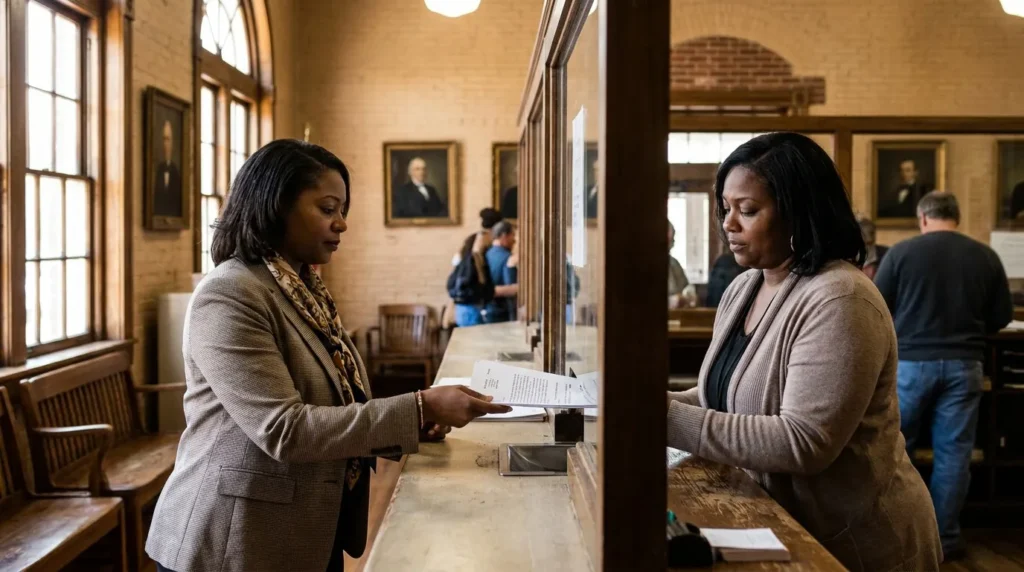 woman submitting legal documents at courthouse clerk counter with portrait paintings