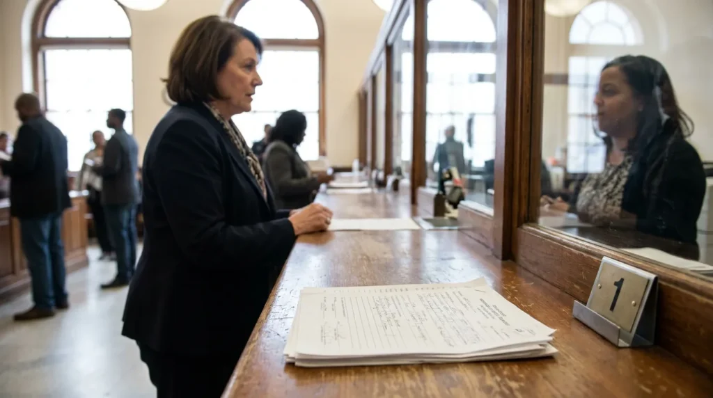 attorney standing at courthouse clerk window number 1 with legal documents