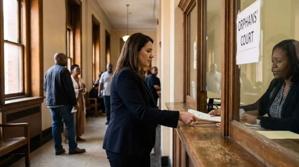 attorney submitting legal documents at Orphans' Court clerk window in courthouse hallway