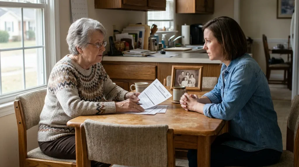 elderly woman reviewing legal document with younger woman at kitchen table