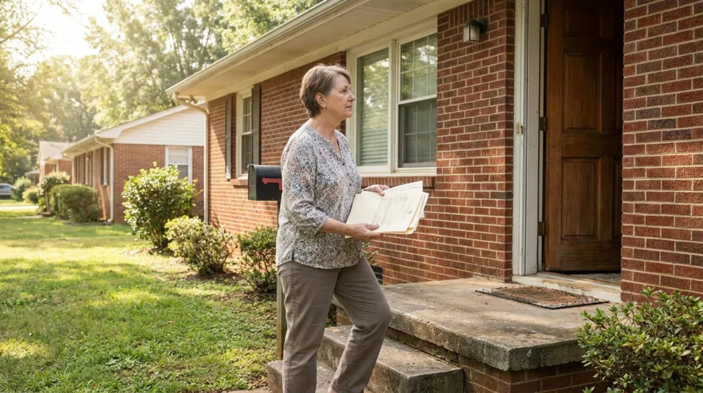 woman carrying legal documents and folders outside brick residential home