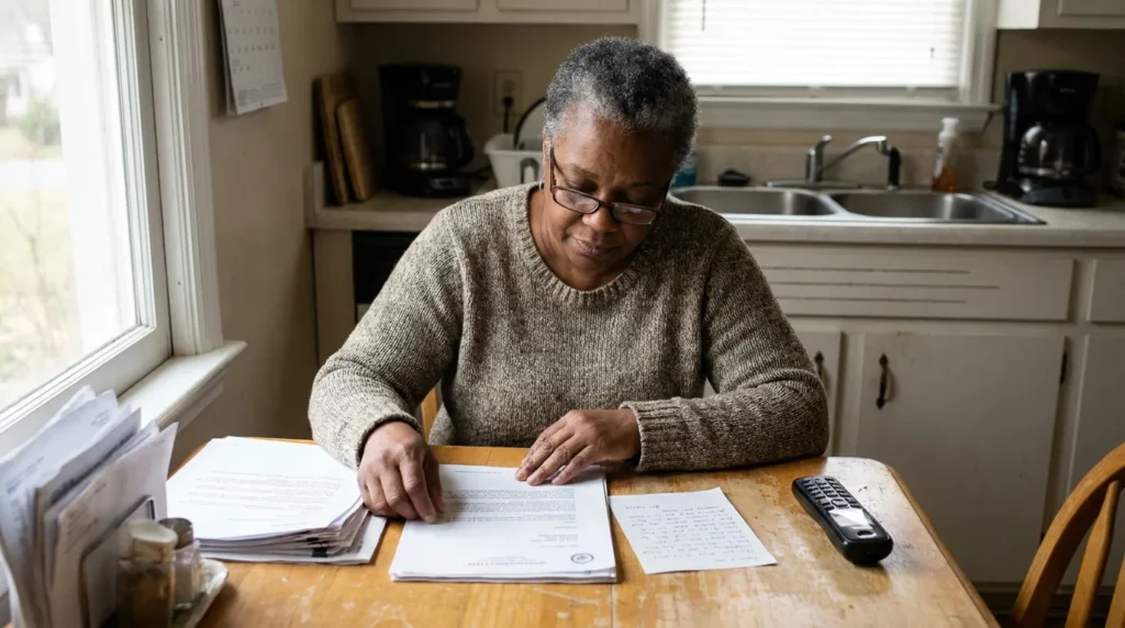 older woman reviewing legal documents and papers at kitchen table