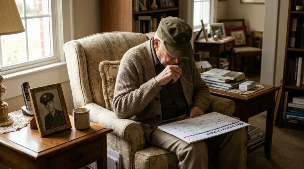 elderly veteran in military cap reviewing VA Benefits Calendar in armchair