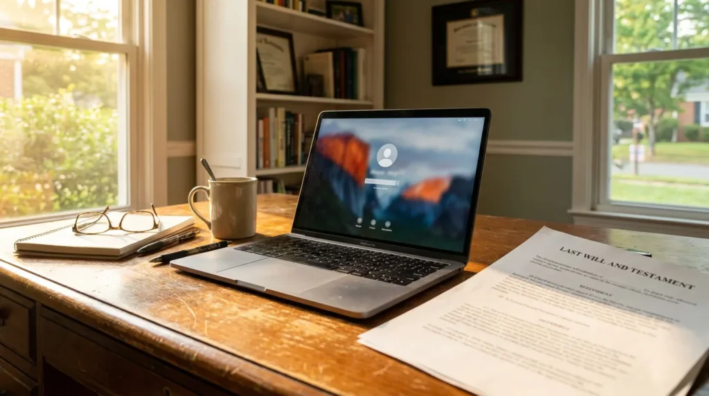 Last Will and Testament document on wooden desk beside open laptop