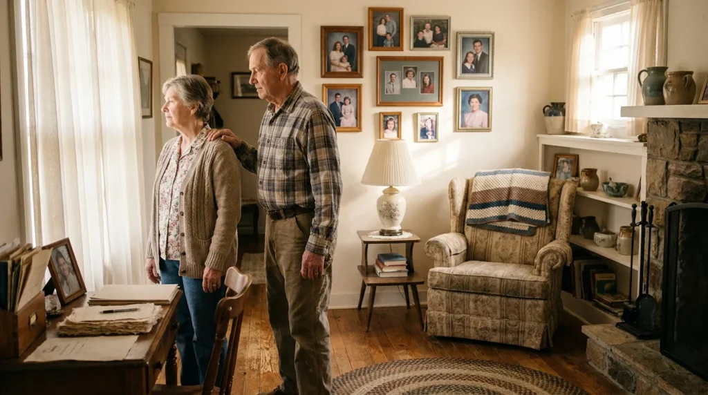 elderly couple standing together in home living room surrounded by framed family portraits