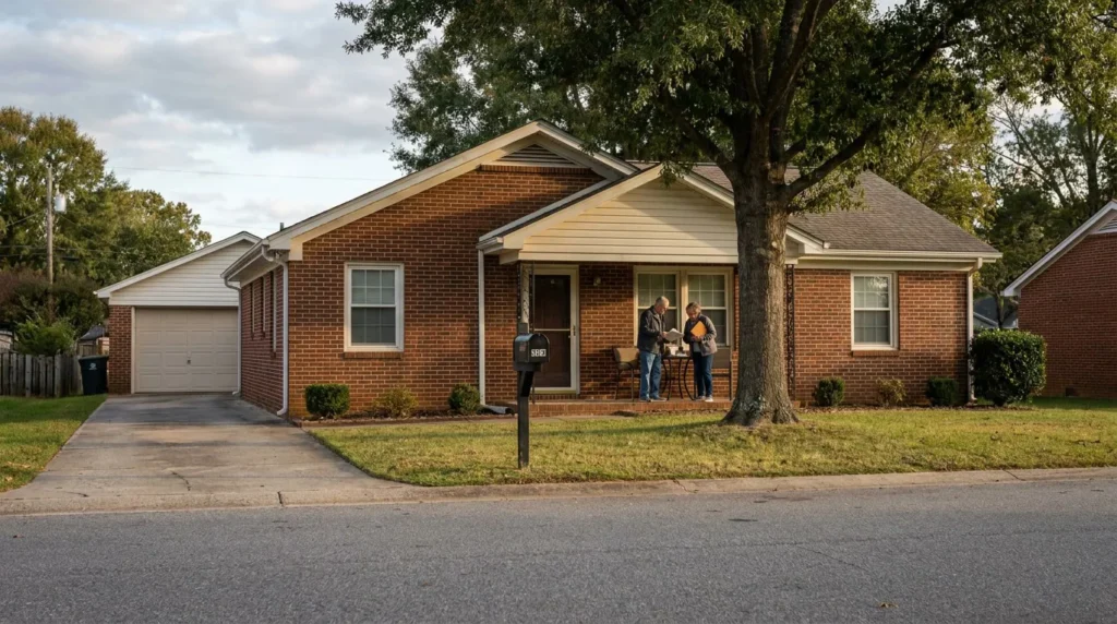 two people reviewing documents on porch of brick residential home with mailbox