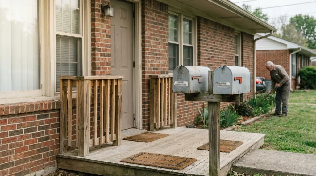 two mailboxes in front of brick residential home with man working in yard