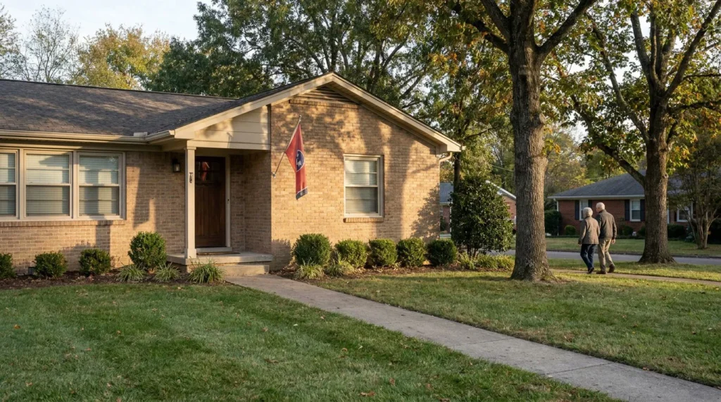 brick ranch home with Tennessee state flag and two people walking nearby