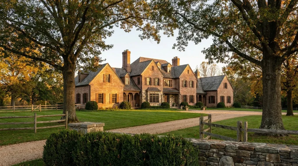 large brick estate manor with slate roof, gravel driveway, and manicured grounds
