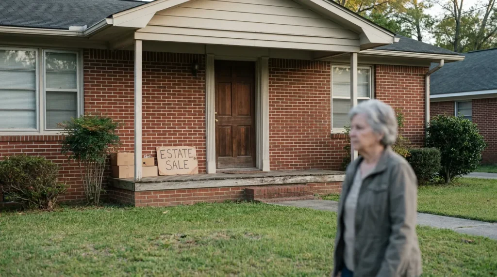 older woman standing outside brick home with Estate Sale sign on porch