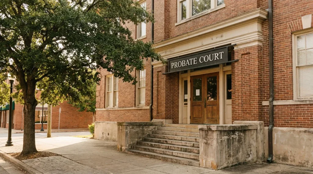 Probate Court sign above wooden entrance doors of brick courthouse building