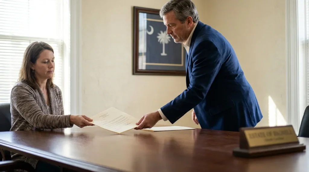 attorney handing legal document to client across conference room table with South Carolina flag