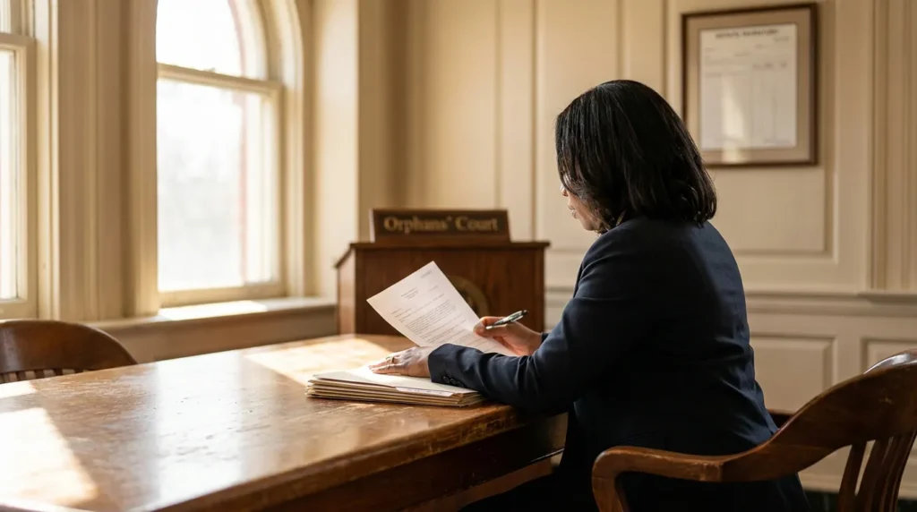 attorney reviewing legal documents at Orphans' Court courtroom table with pen