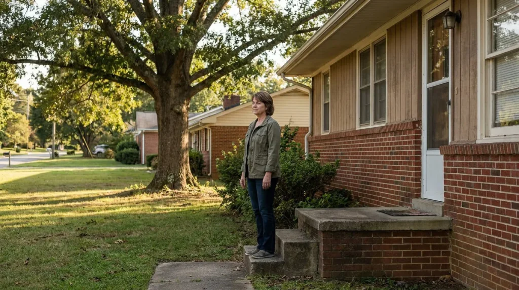 woman standing on front steps of brick residential home in suburban neighborhood