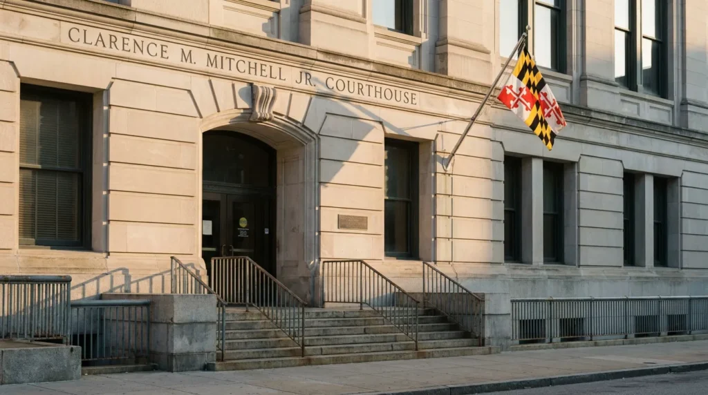 Clarence M. Mitchell Jr. Courthouse exterior with Maryland state flag flying