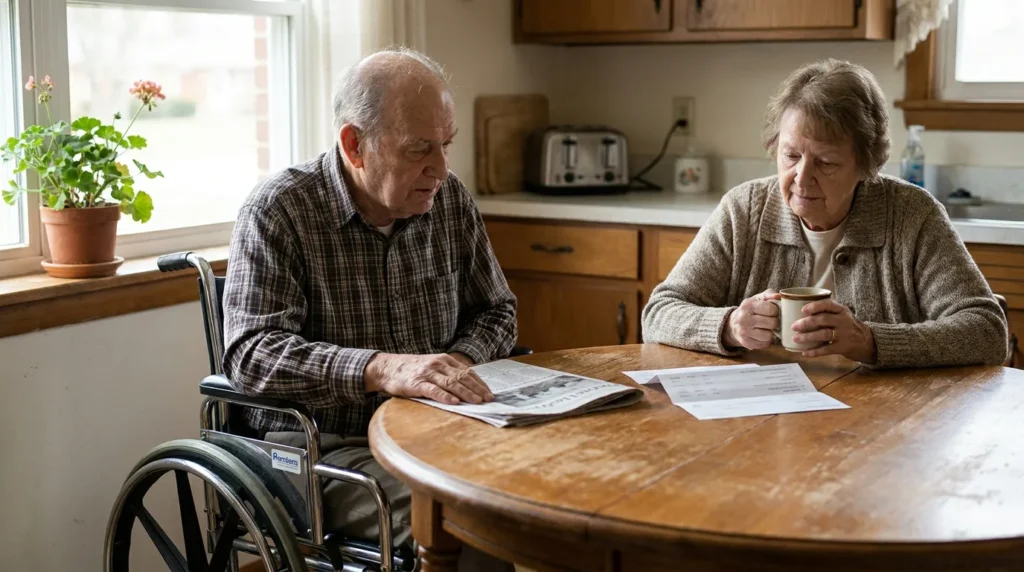 elderly man in wheelchair reviewing documents at kitchen table with woman holding mug