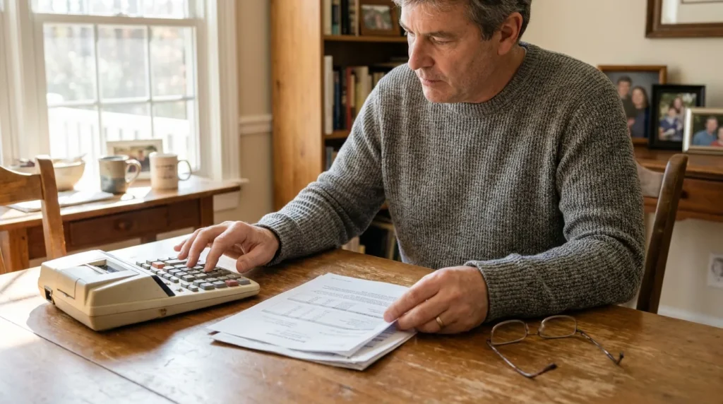 man using desktop calculator while reviewing printed financial documents at home