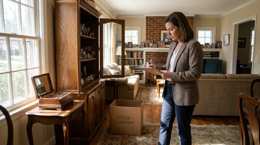 professional woman writing on clipboard beside labeled Estate Living Room cardboard box