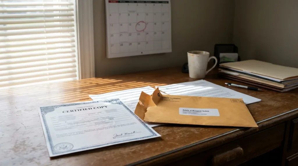 Certified Copy document and Estate of Margaret Sutton envelope on wooden desk