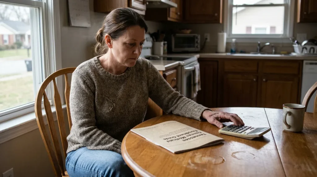 woman using calculator beside Tennessee Medicaid Enrollment Guide at kitchen table