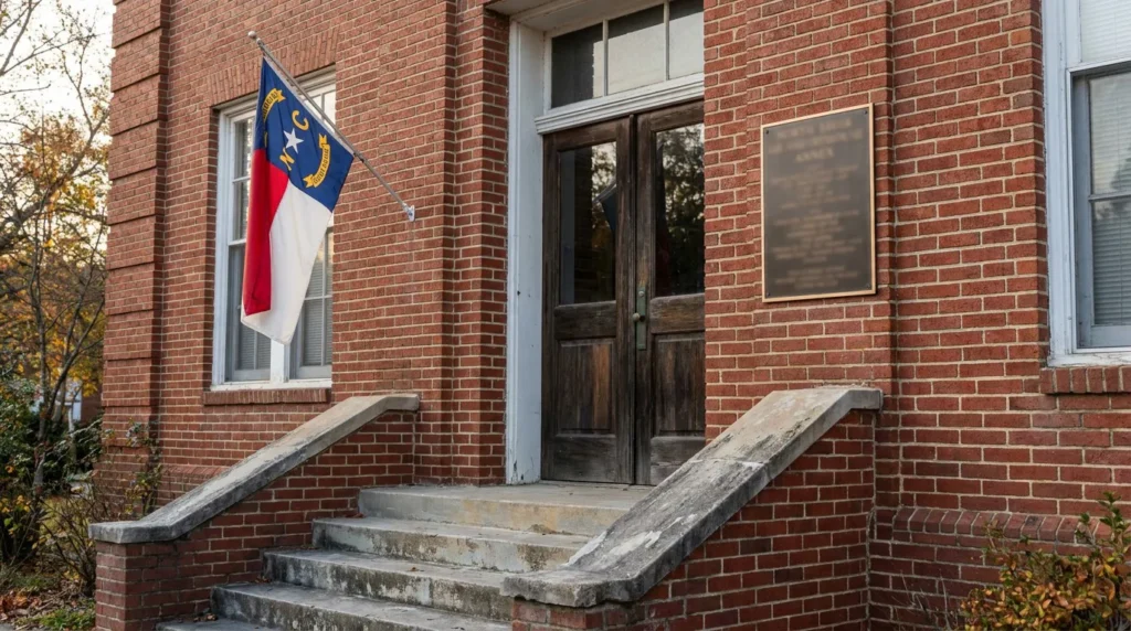 North Carolina state flag mounted on brick courthouse building entrance with steps