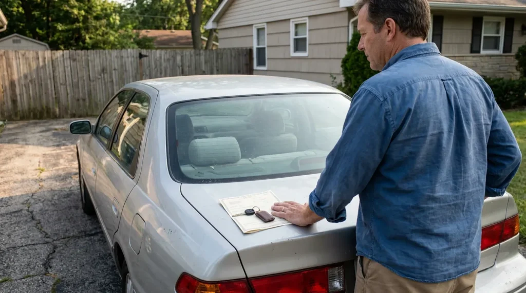 man reviewing document and car keys placed on vehicle trunk in driveway