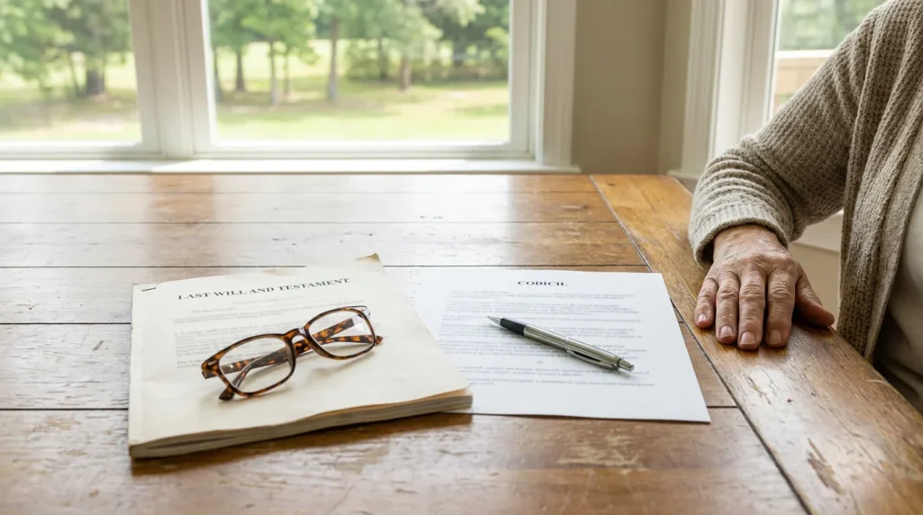 Last Will and Testament document and Codicil paper with pen and eyeglasses on wooden table beside elderly person's hand