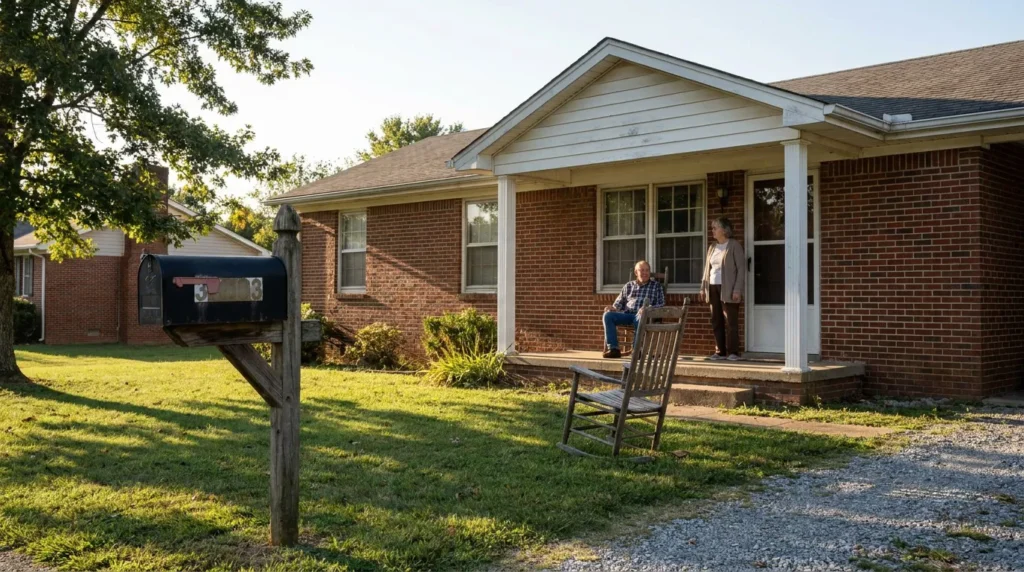 elderly couple on brick home front porch with roadside mailbox nearby