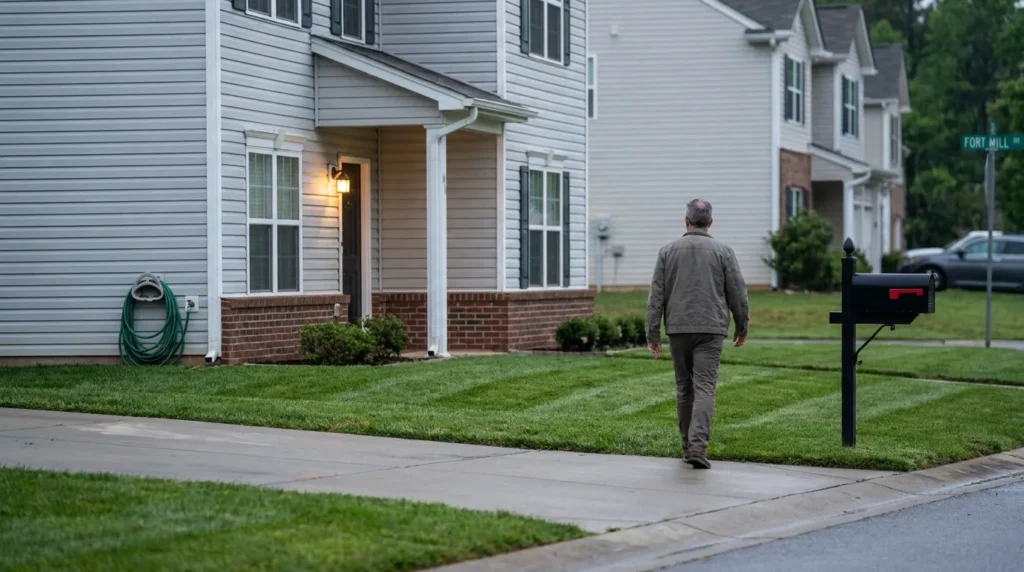 man walking along residential sidewalk past mailbox near Fort Mill street sign