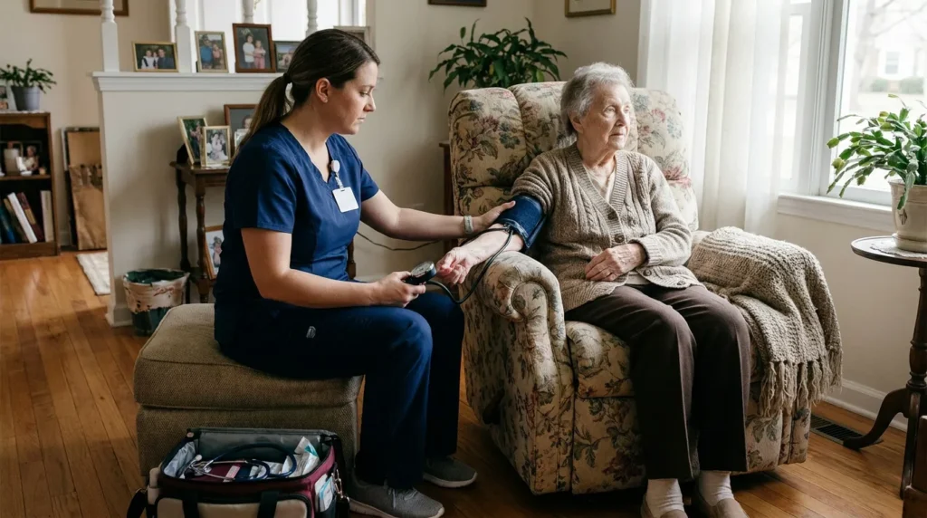 nurse in scrubs taking elderly woman's blood pressure in home living room