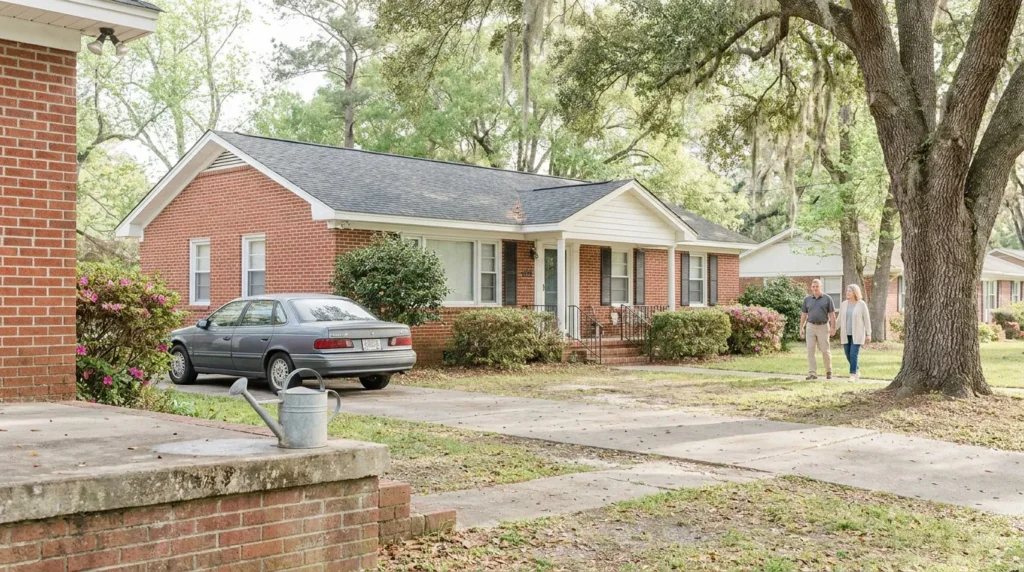 couple walking near brick ranch home with car parked in driveway