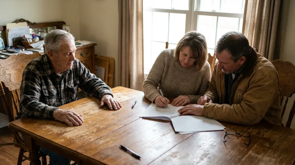 elderly man and two adults signing legal documents at wooden dining table